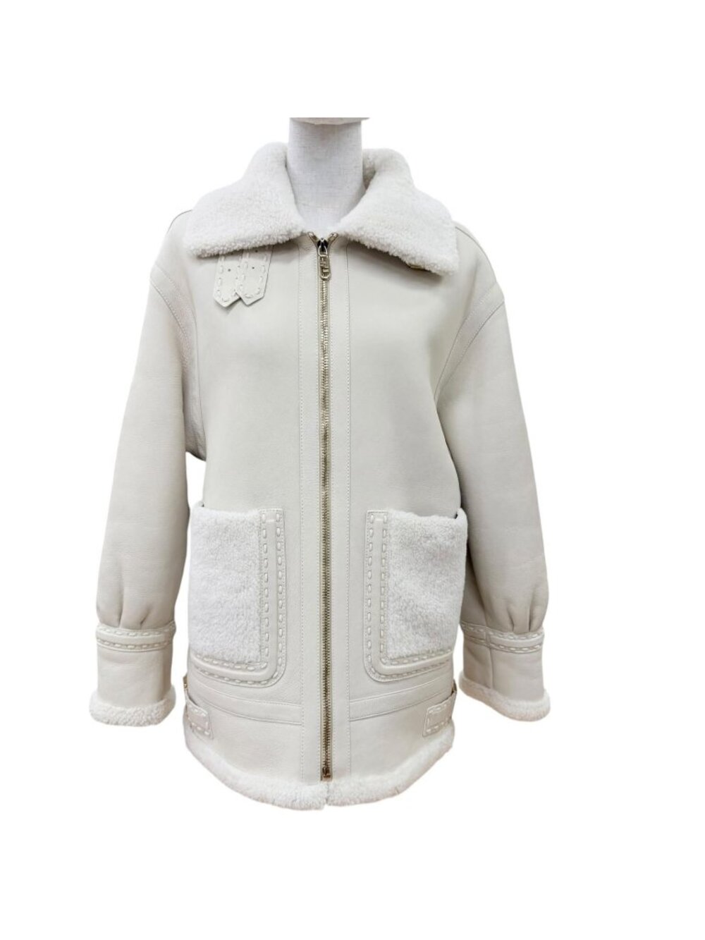 Fendi Sheepskin FF Logo Lambskin Shearling Jacket Beige 38